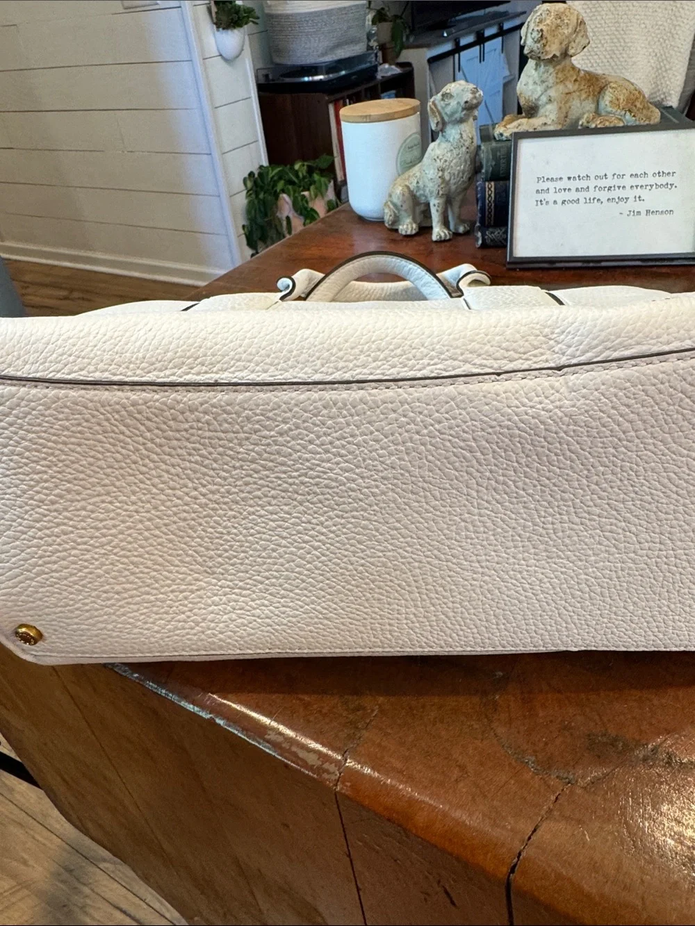 Donna Karan Amagansett White Pebbled Leather Satchel with Gold Hardware
